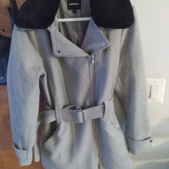 Express wool blend gray coat fur collar - Picture 1 of 3